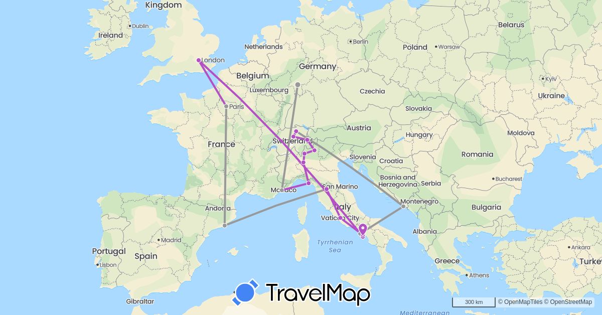 TravelMap itinerary: plane, train in Switzerland, Germany, Spain, France, United Kingdom, Croatia, Italy (Europe)