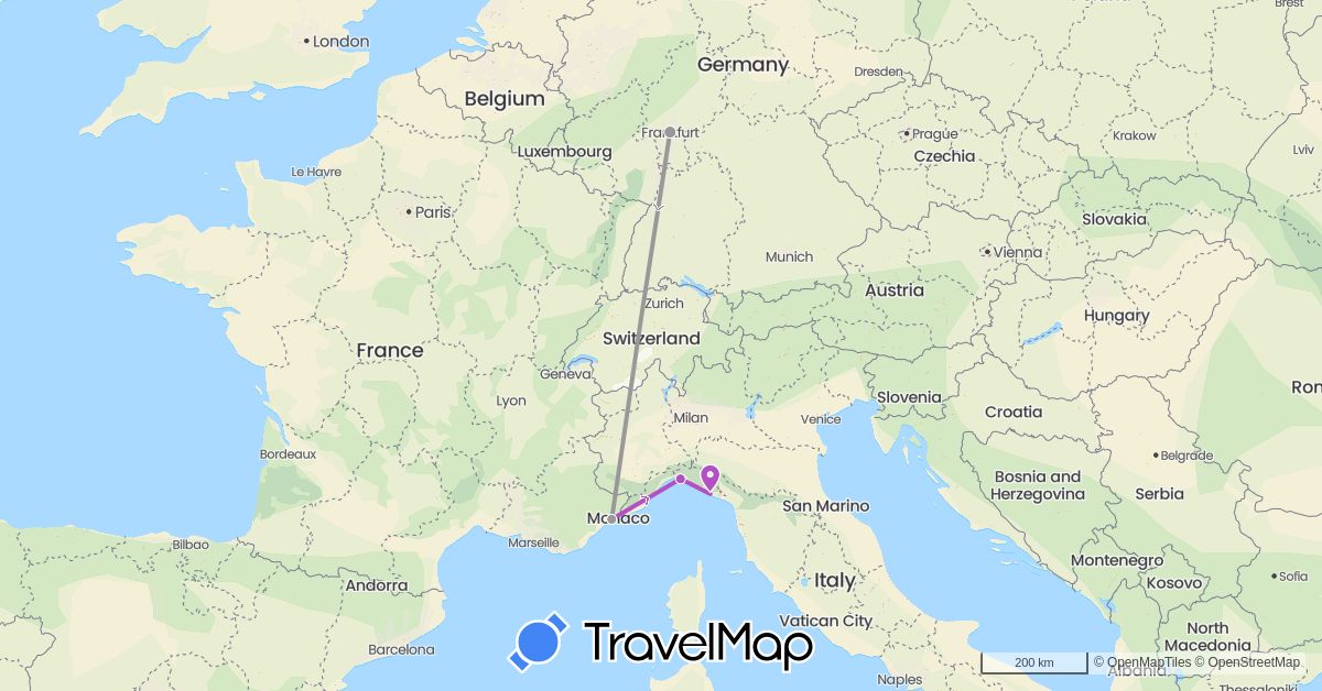 TravelMap itinerary: driving, plane, train in Germany, France, Italy (Europe)